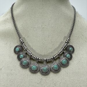 Lucky Brand Silver Tone Turquoise Blue Howlite Cabochon Collar Necklace Boho